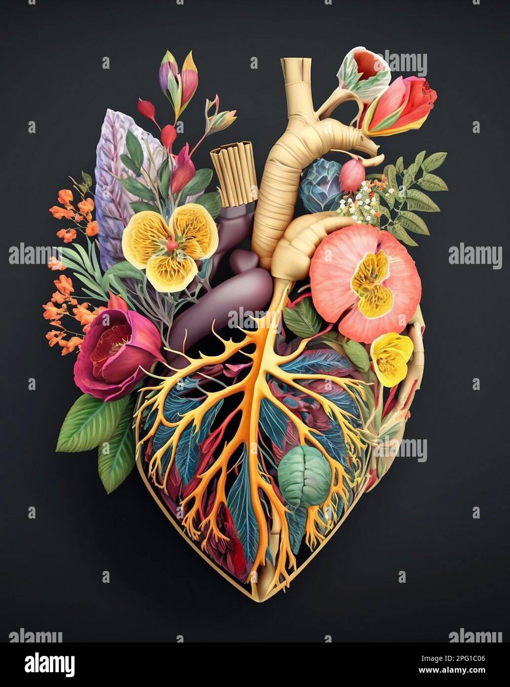 Human heart anatomy ornate with colorful flowers. Concept and idea of