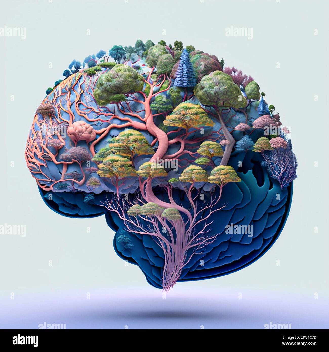 Human brain anatomy ornate with colorful trees and branches Stock Photo