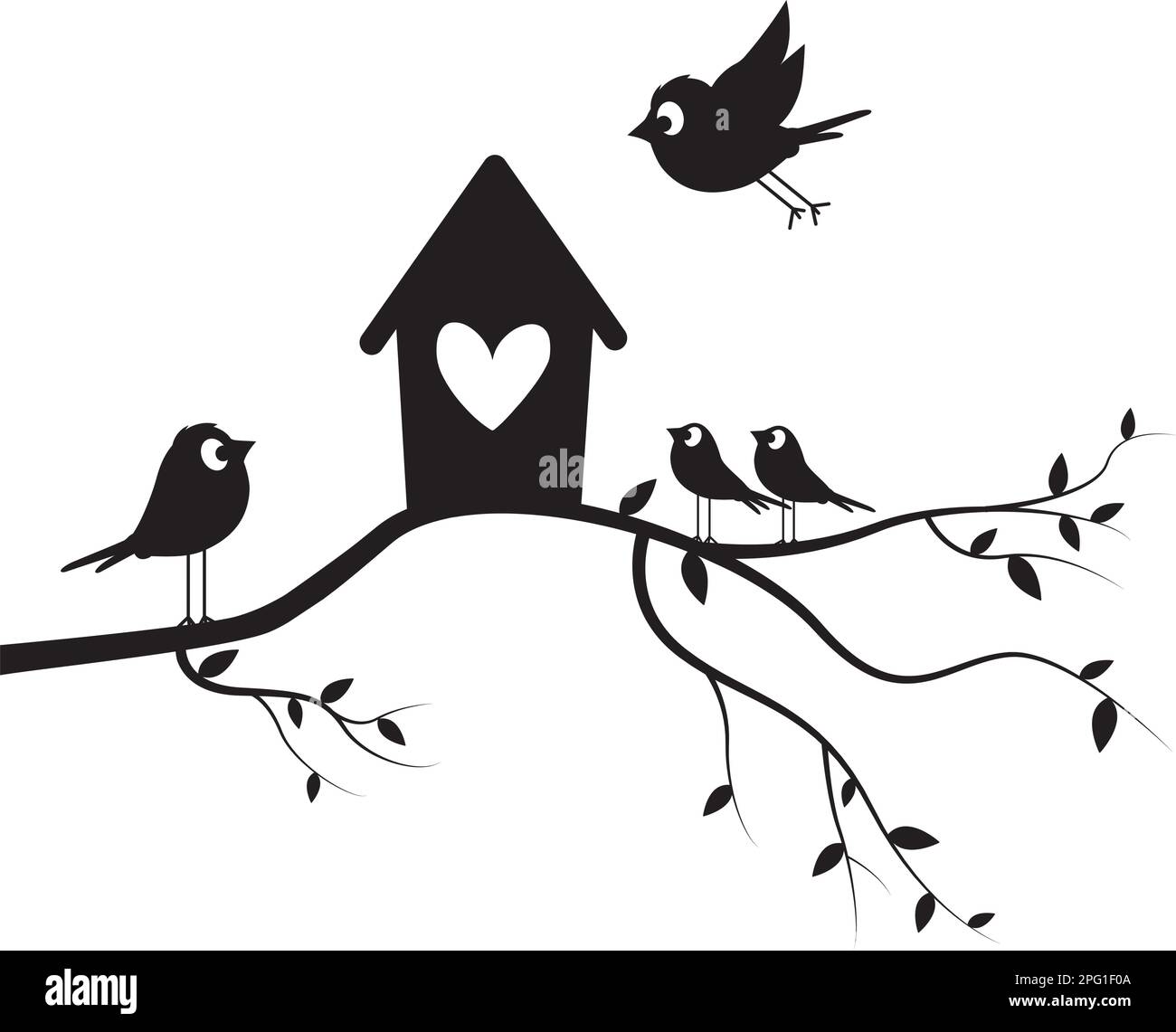 Birds on branch and bird house, vector. Cute cartoon illustration