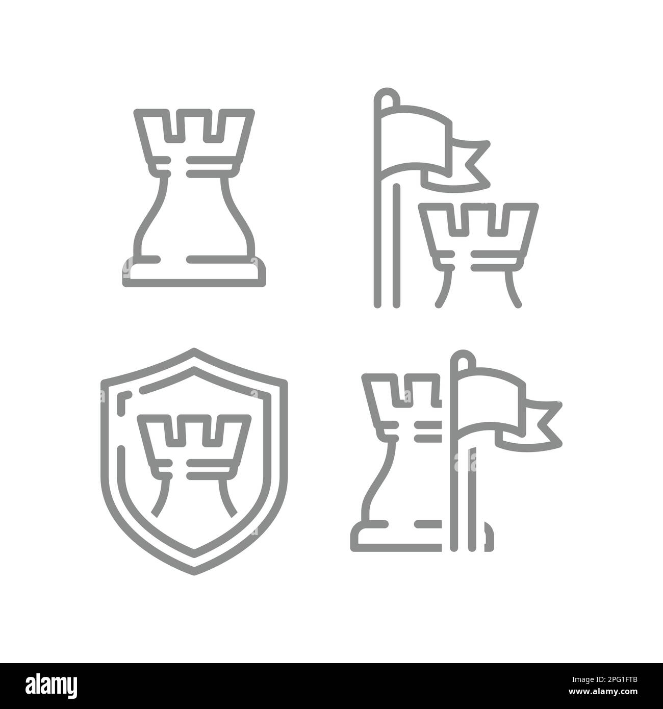 Chess king piece, flag and shield icon. Guarded, protected, secure concept line vector icons. Stock Vector