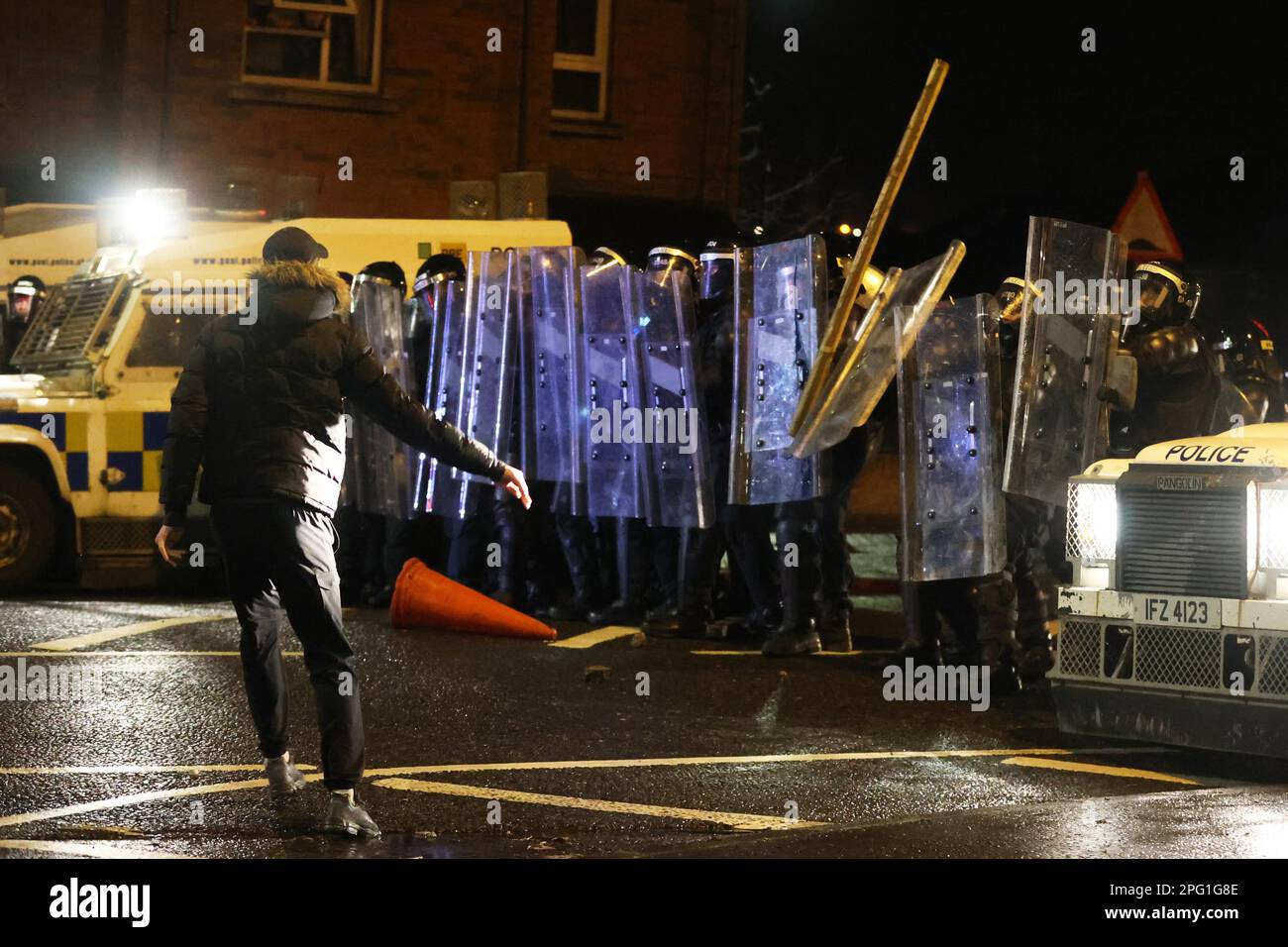 File photo dated 08/04/21 of objects are thrown towards PSNI officers ...