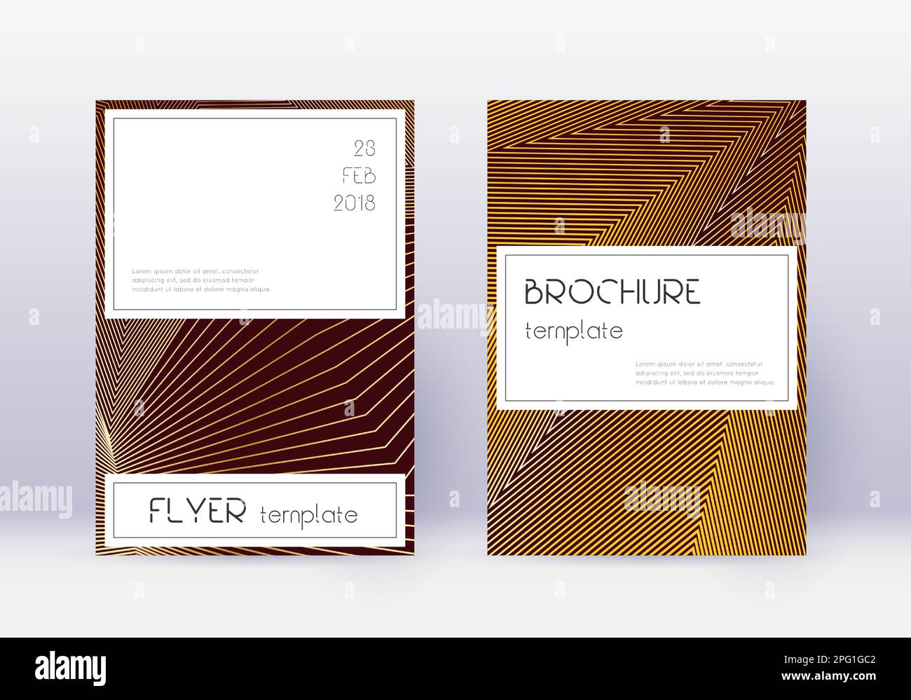 Stylish cover design template set. Gold abstract lines on maroon ...