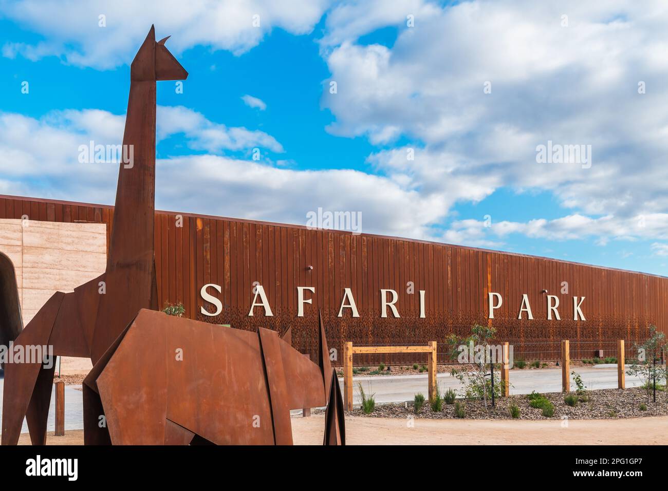 Adelaide, South Australia - May 8, 2022: Monarto Safari Park new entrance with metal scultures viewed from the car park side on a day Stock Photo