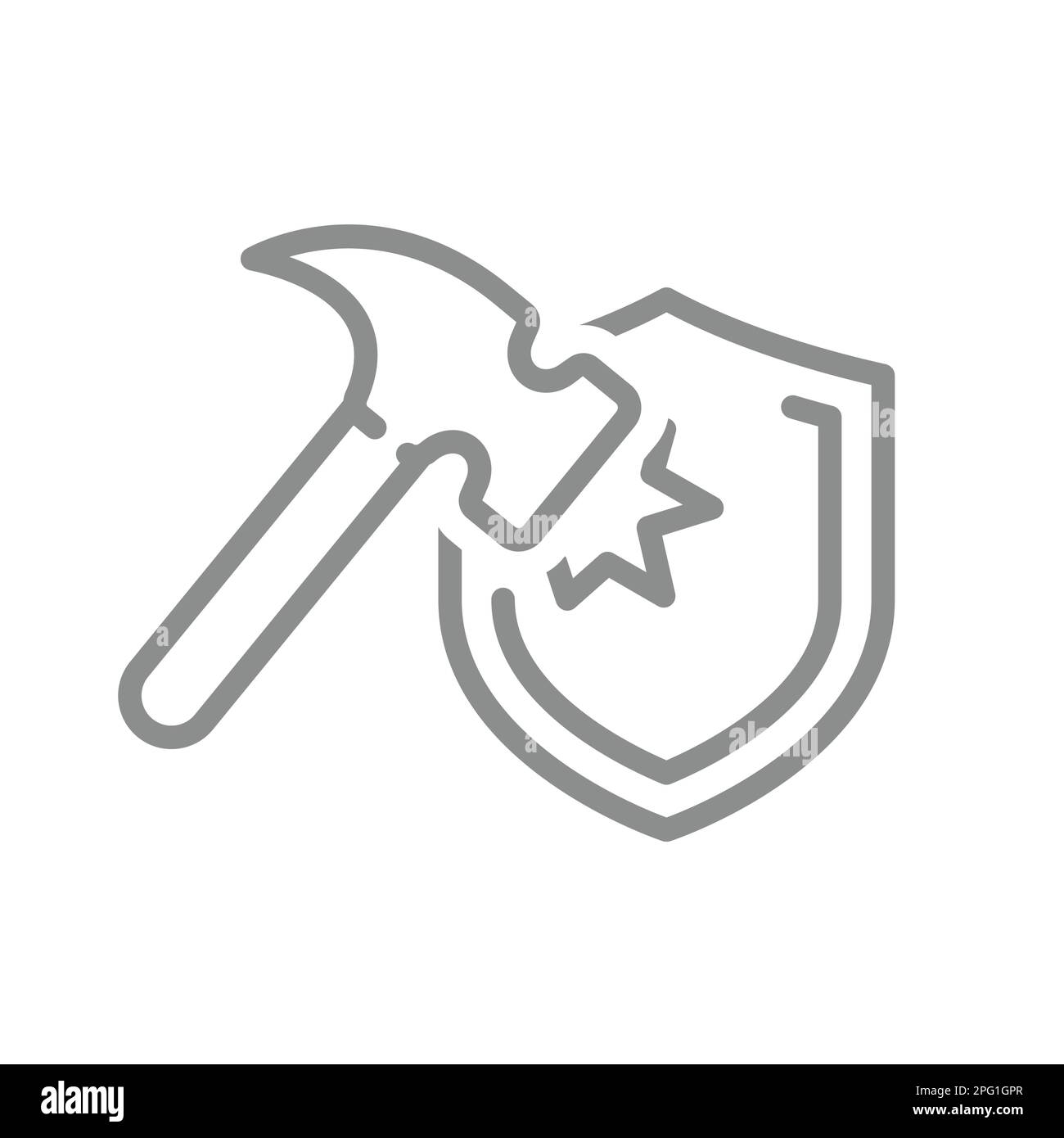 Hammer hitting shield line vector icon. Security, protection and guard concept outline symbol. Stock Vector