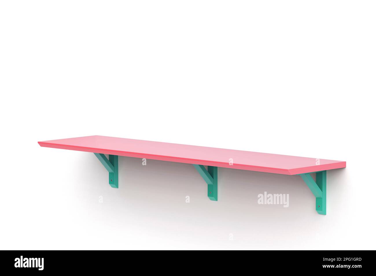 Colorful wooden shelf with brackets on a white wall Stock Photo Alamy