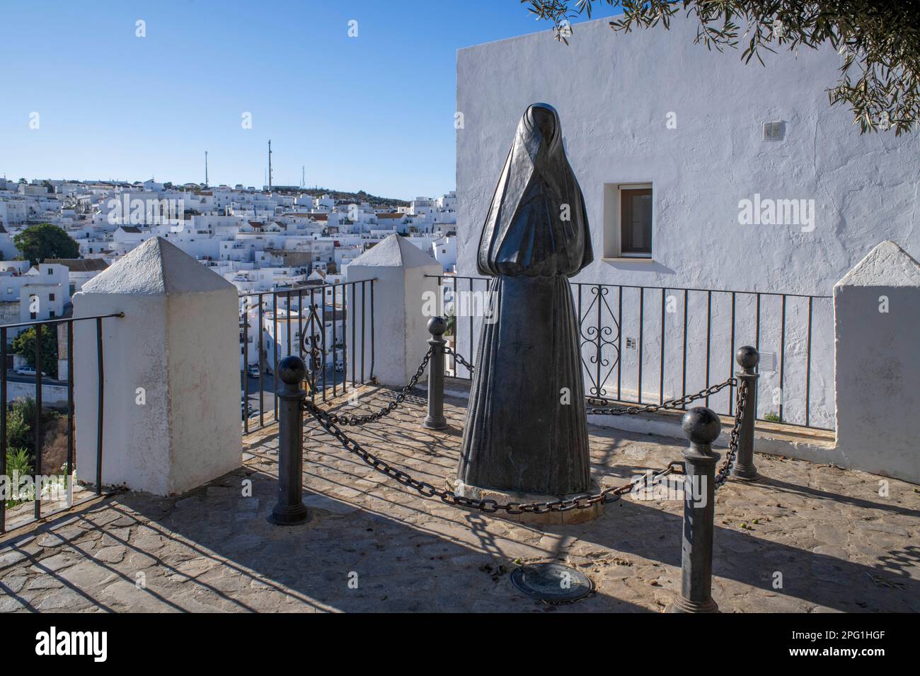 Statue of Woman with traditional black dress Las Cobijadas in Vejer de la Frontera, Cadiz province, Costa de la luz, Andalusia, Spain.  Numerous vesti Stock Photo