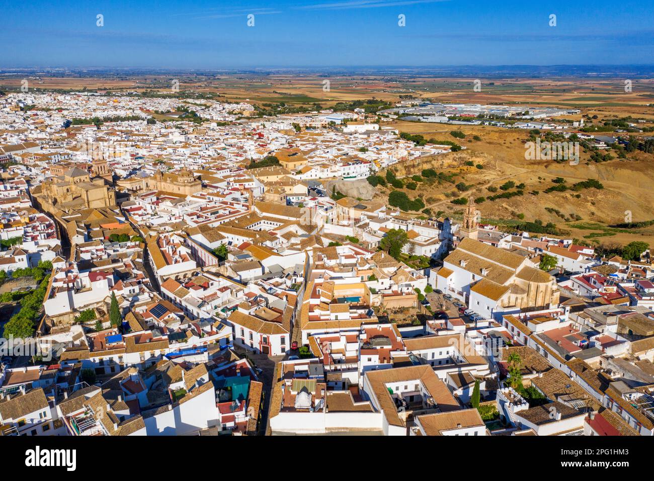 Aerial view of the white houses in the old town of Carmona Seville Andalusia South of Spain. The
