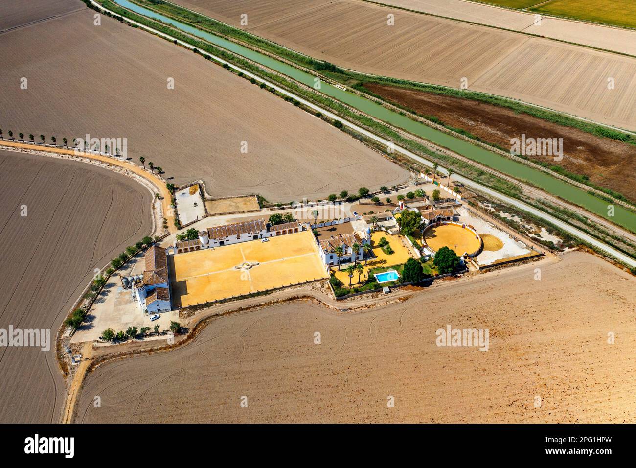 Aerial views of the Isla Mínima ranch, cortijo. Isla Mayor, Seville