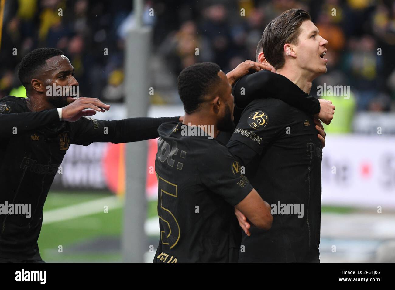 March 19, 2023, Bern, Wankdorf, Super League: BSC Young Boys - FC Lugano, the players from BSC Young Boys are happy about the goal to 2-0 by #11 Cedri Stock Photo