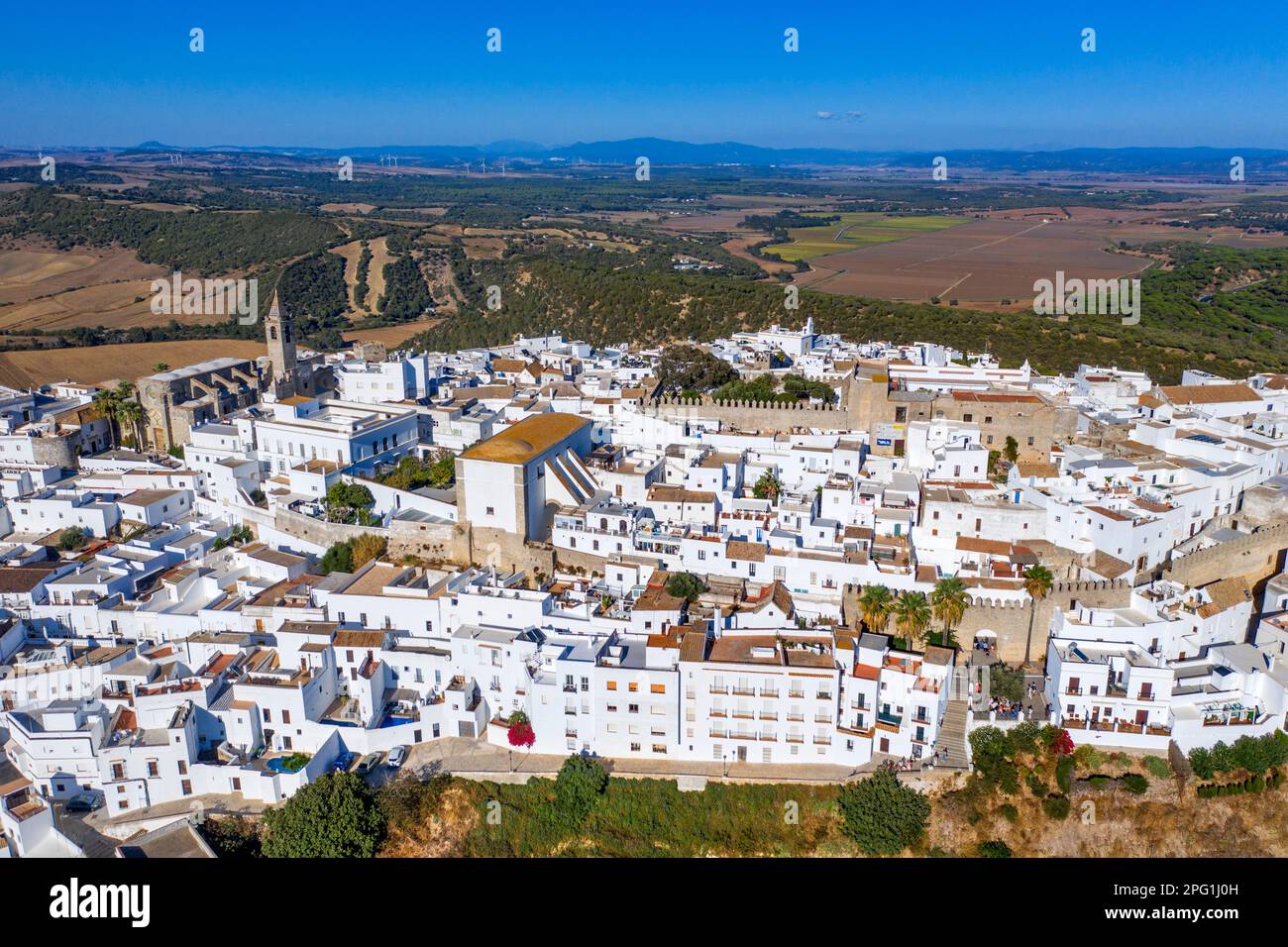 Aerial view of Vejer de la Frontera, Cadiz province, Costa de la luz, Andalusia, Spain.  Numerous vestiges confirm the passage of Phoenicians, Carthag Stock Photo
