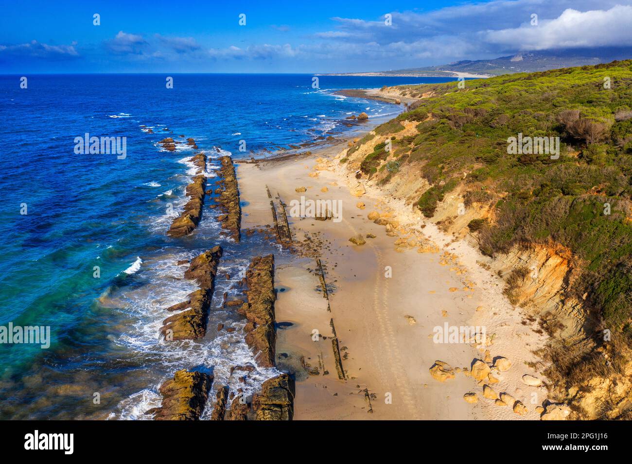 Aerial view of piscinas naturales de Bolonia natural pools, Bolonia, Costa de la Luz, Cadiz Province, Andalusia, southern Spain. Bolonia beach. Playa Stock Photo