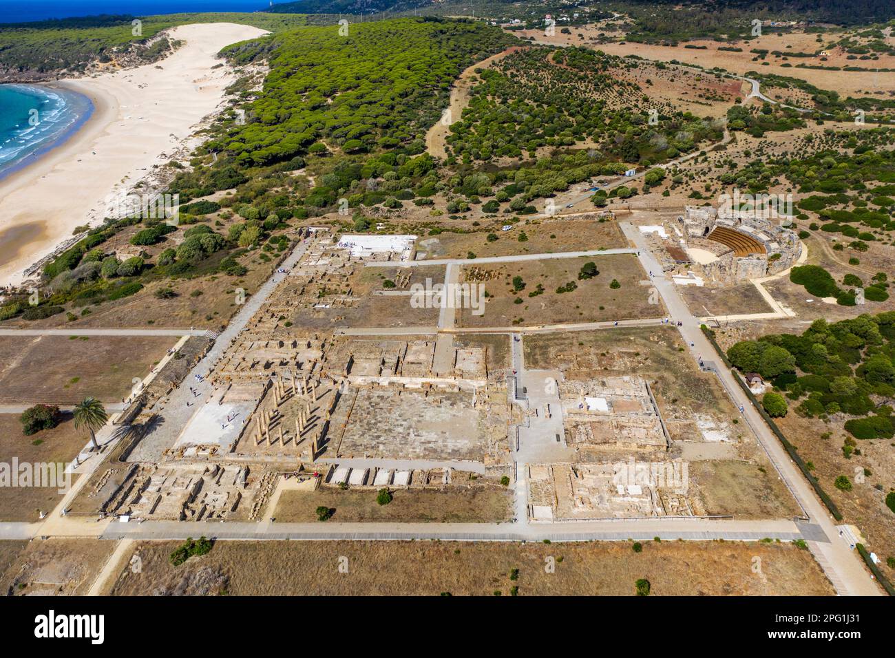 Aerial view of roman ruins of Baelo Claudia at Bolonia, Costa de la Luz, Cadiz Province