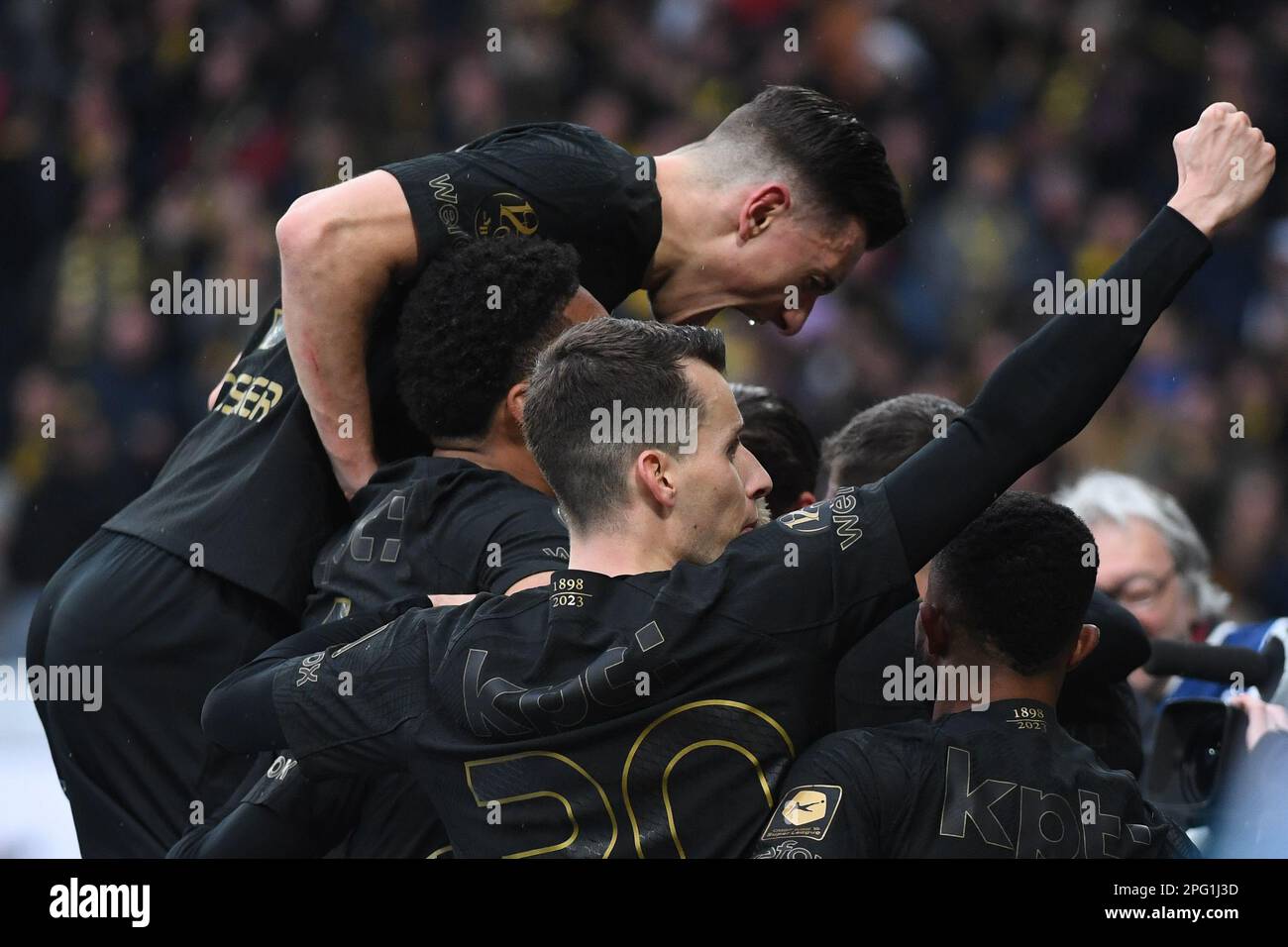 March 19, 2023, Bern, Wankdorf, Super League: BSC Young Boys - FC Lugano, the players from BSC Young Boys are happy about the goal to 2-0 by #11 Cedri Stock Photo