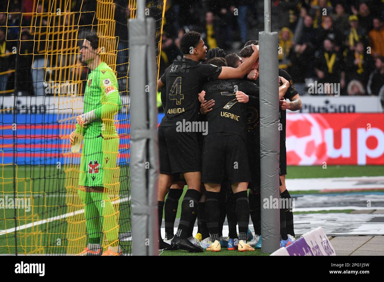 March 19, 2023, Bern, Wankdorf, Super League: BSC Young Boys - FC Lugano, the players from BSC Young Boys are happy about the goal to 3-0 by #11 Cedri Stock Photo