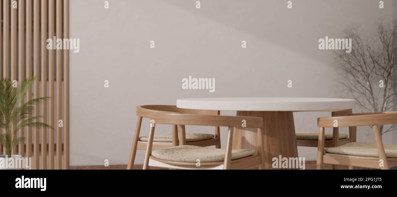 Empty mockup space for product display on white dining table with minimal  wooden armchairs in minimal bright dining room. 3d render, 3d illustration  Stock Photo - Alamy