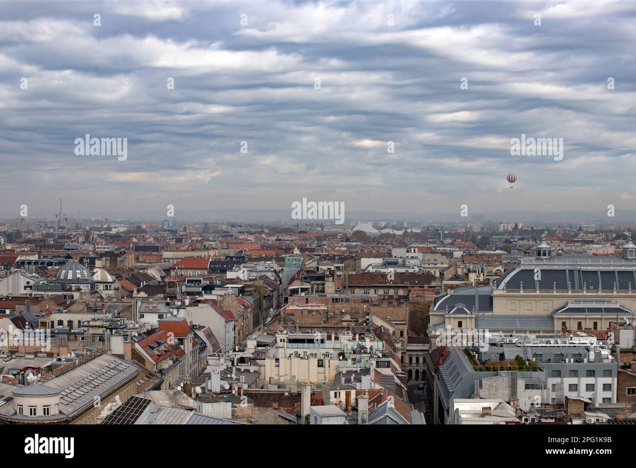 Aerial view of the downtown of Budapest on a foggy autumn day from the St. Stephen's Basilica. Stock Photo