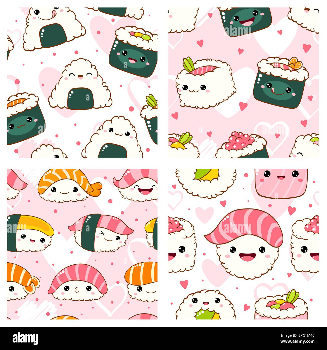 Set of seamless pattern with cute sushi and roll in kawaii style with smiling face. Japanese traditional cuisine dishes. Endless texture can be used f Stock Photo