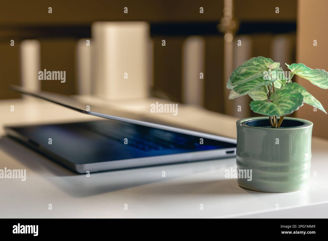 Laptop on desktop blurred hi-res stock photography and images - Alamy