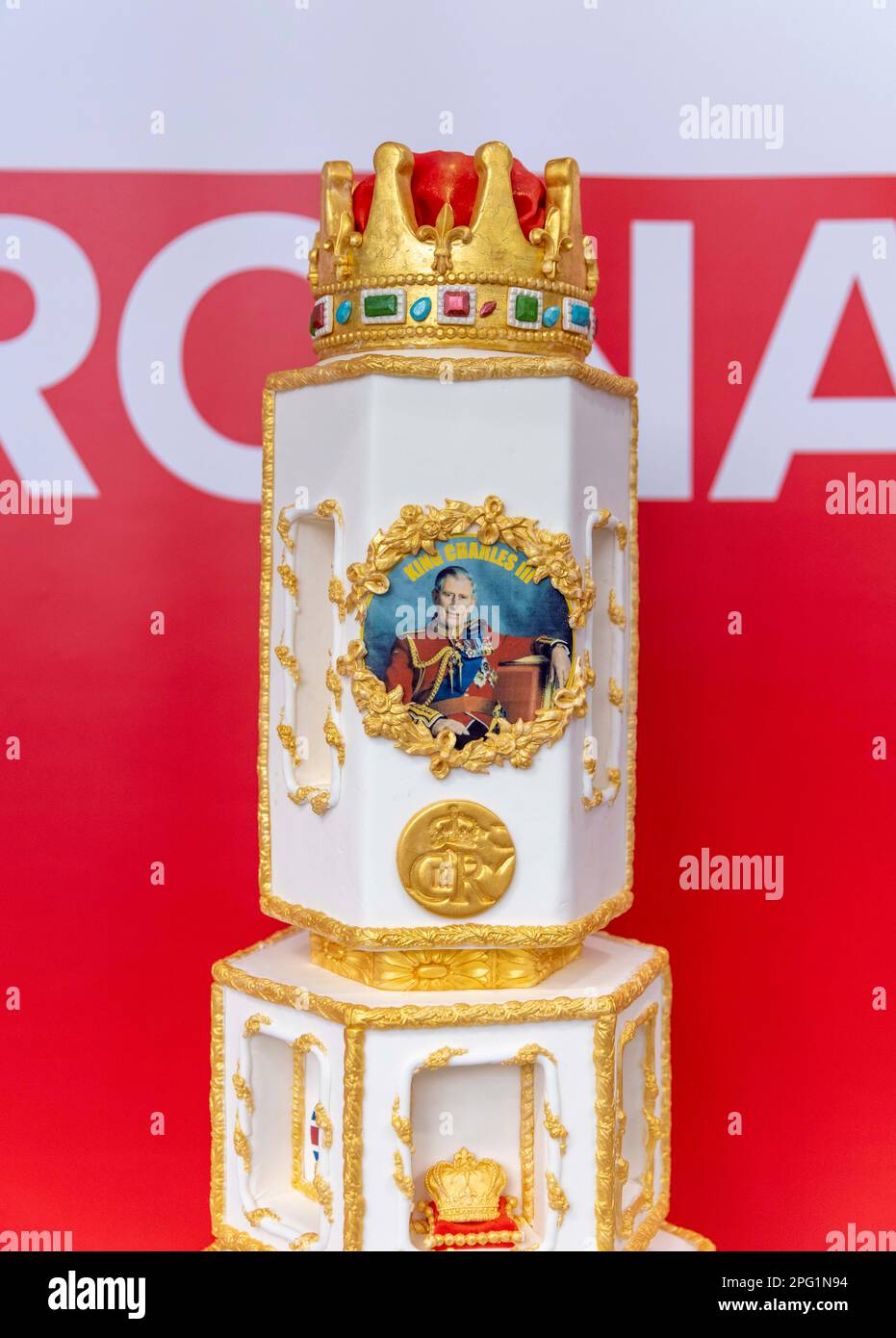 pic shows: The Royal Cake Art. By Rima Abou Chahine   Ideal Home Show 17.3.23  King’s Coronation Cake completion entries on view which were being put Stock Photo