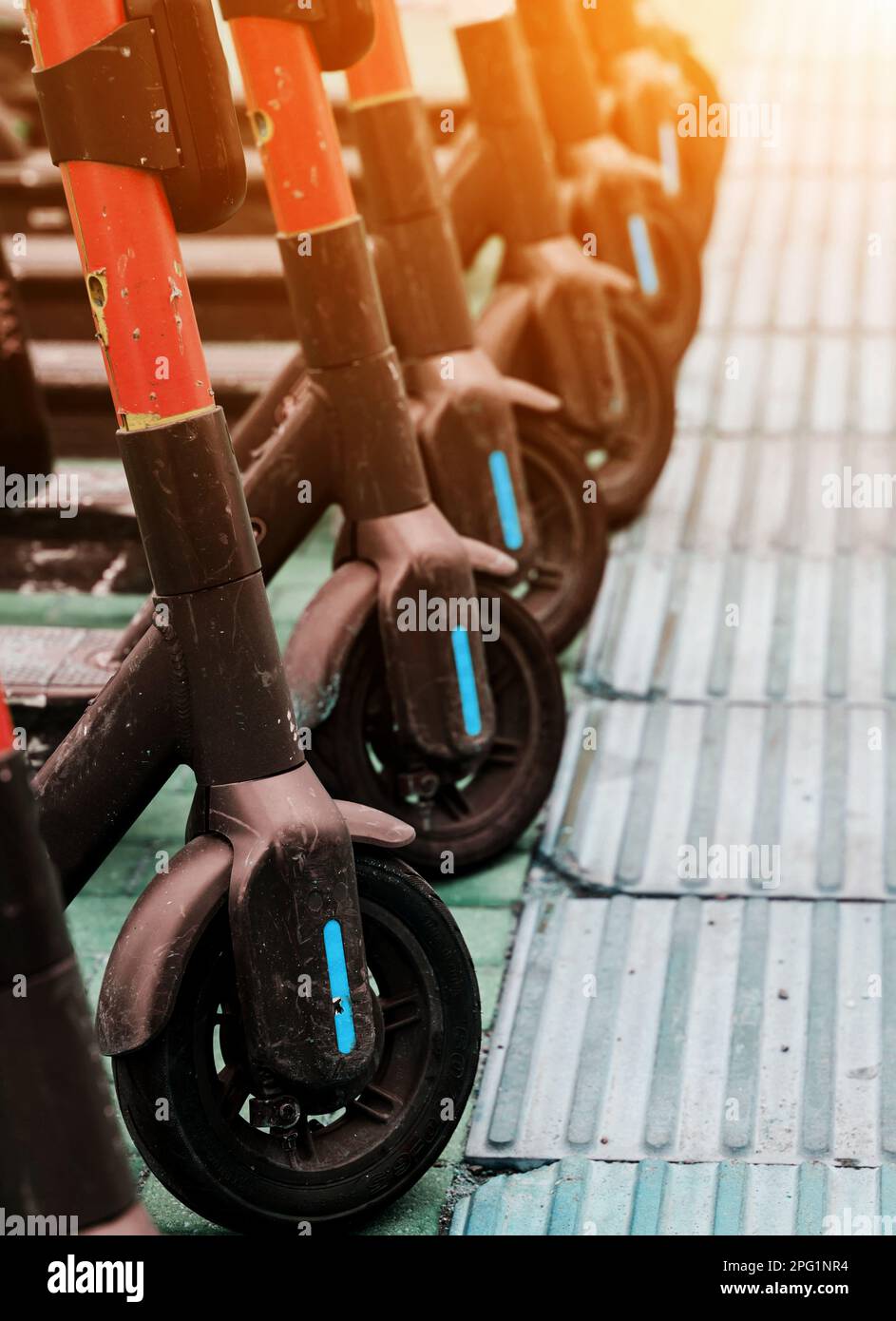 a row of blue electric scooters. ecological mode of transport. front