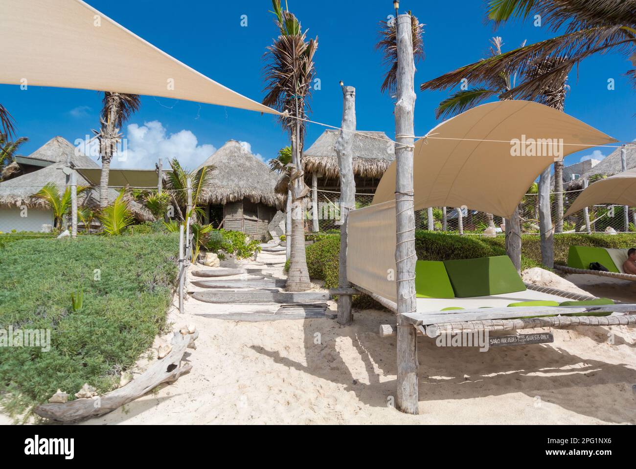 Tulum, Quintana Roo, Mexico, A bed at a hotel on the tullum beach Stock Photo