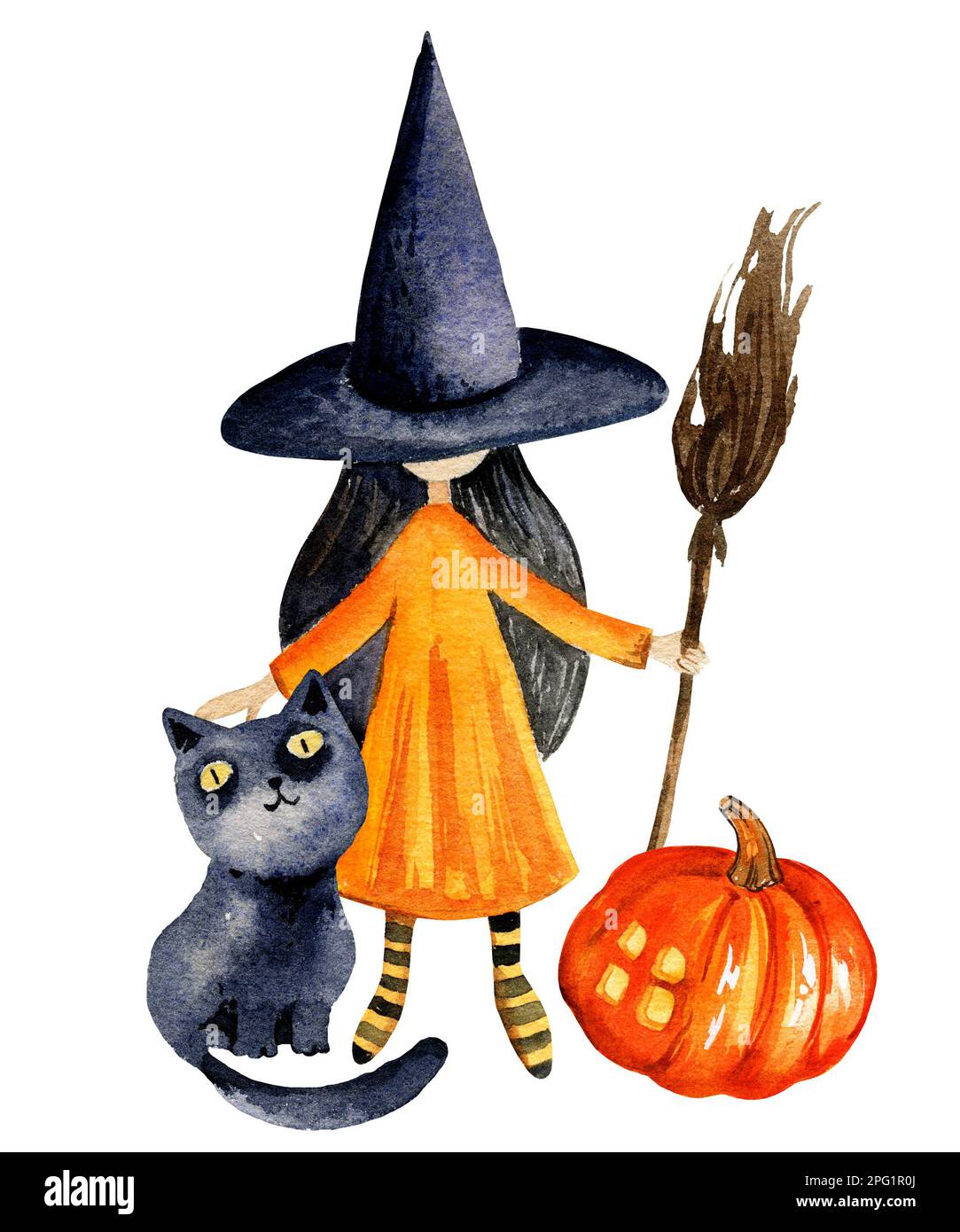 watercolour illustration of a witch, a cat and a pumpkin, halloween ...