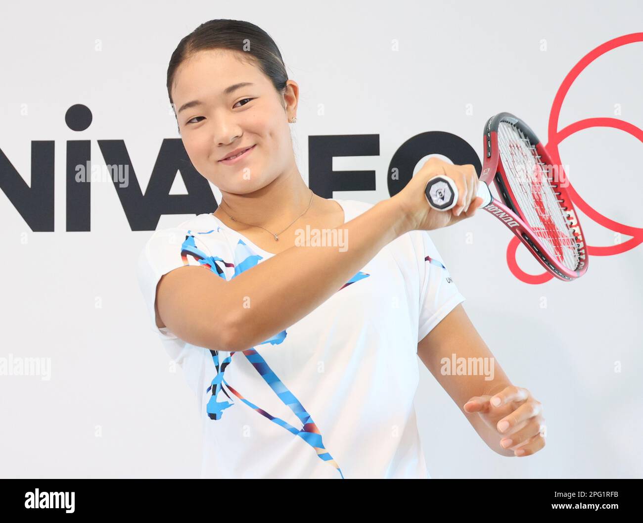 Yokohama, Japan. 20th Mar, 2023. 17-year-old female tennis player Sayaka  Ishii poses for photo as she announces to become a professional tennis  player from March 21 at a press conference in Yokohama,