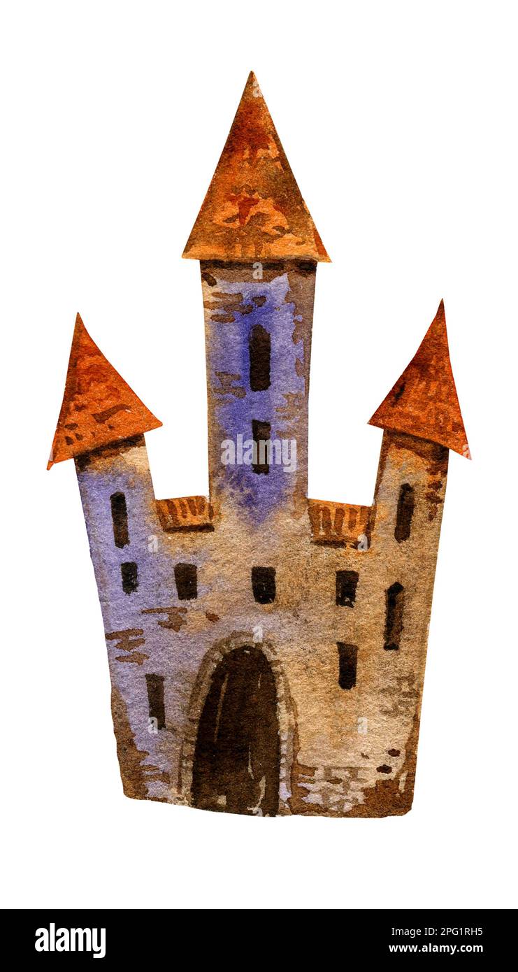 watercolour halloween castle, hand drawn illustration isolated on white background, cute cartoon art Stock Photo