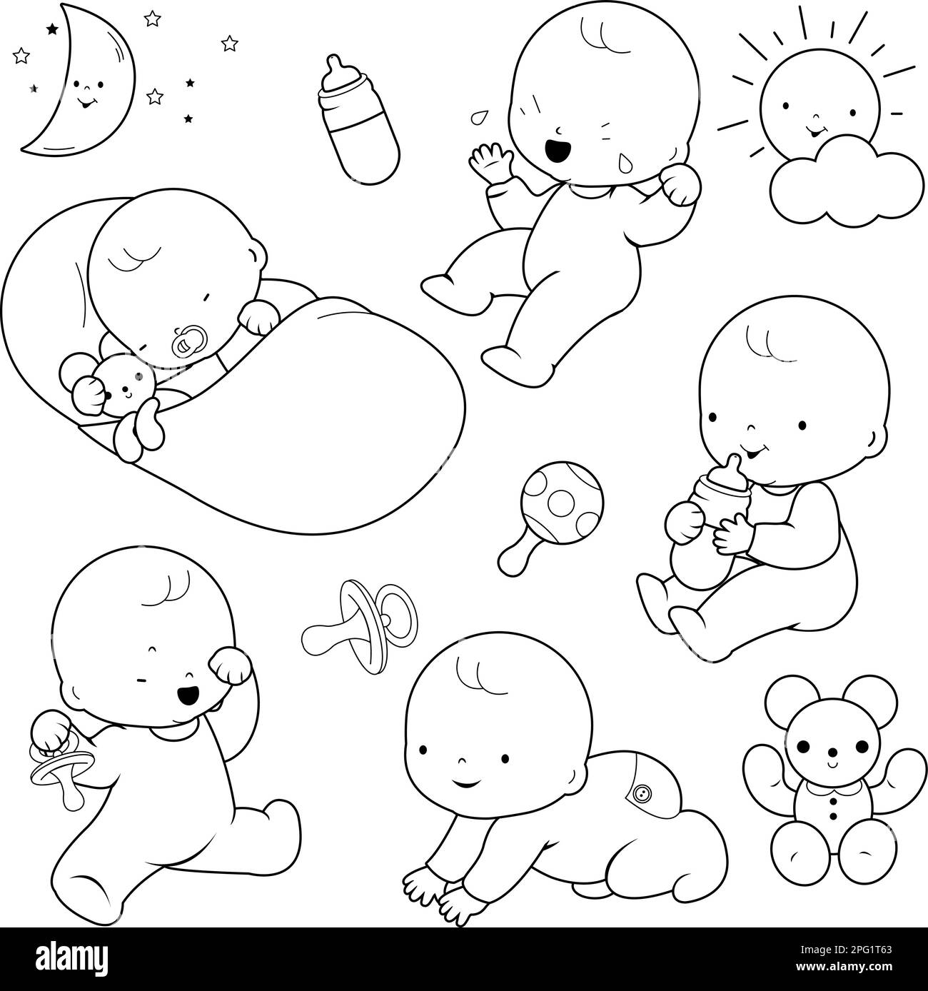 Cute babies sleeping, playing, crying, drinking milk, crawling. Vector black and white coloring page. Stock Vector