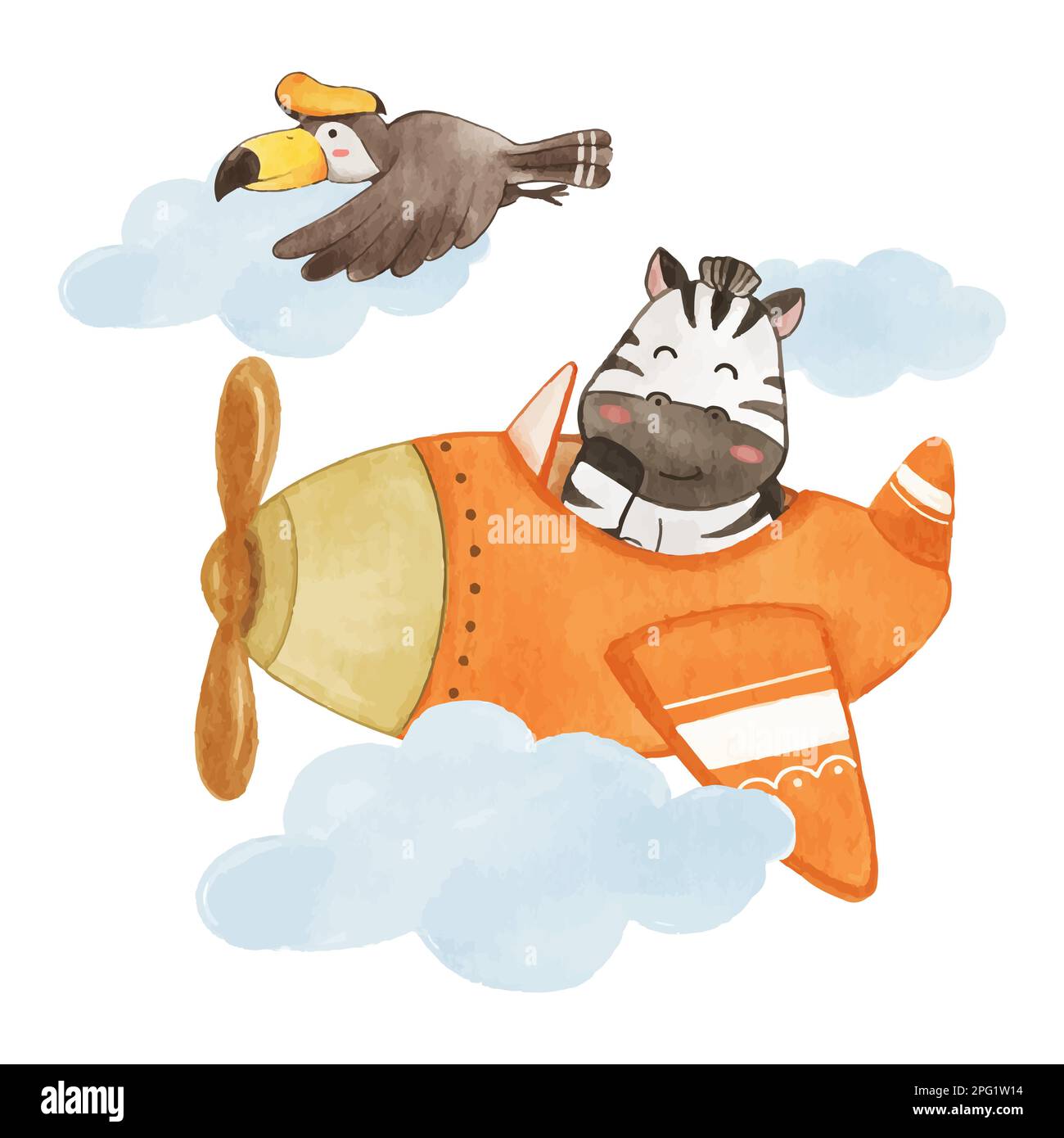 Zebra drive airplane on sky with hornbill bird . Realistic watercolor paint with paper textured . Cartoon character design . Vector . Stock Vector
