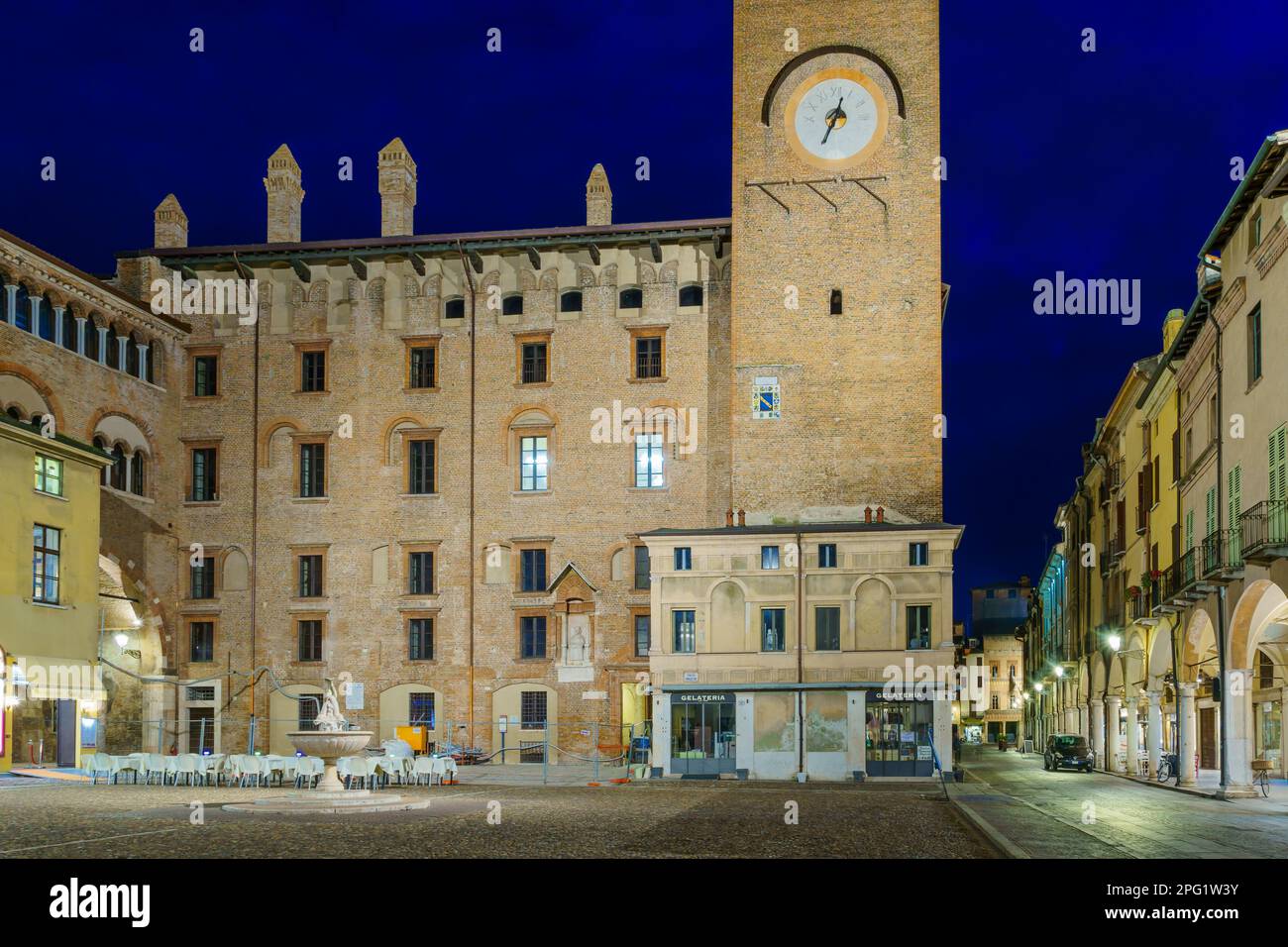 Mantua, Italy February 27, 2023 Evening view of the Piazza Broletto