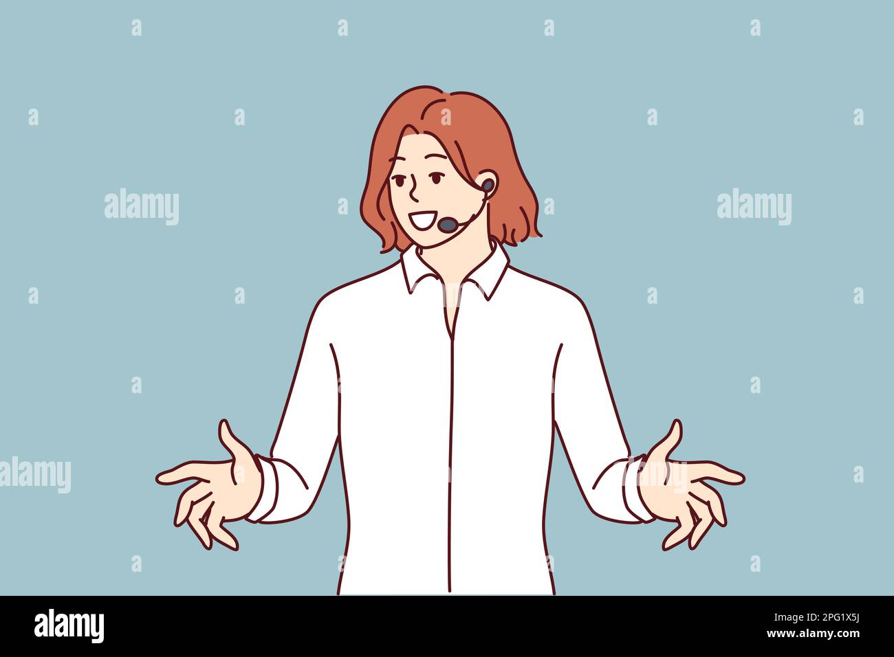 Business coach woman with public speaking headset leads training giving