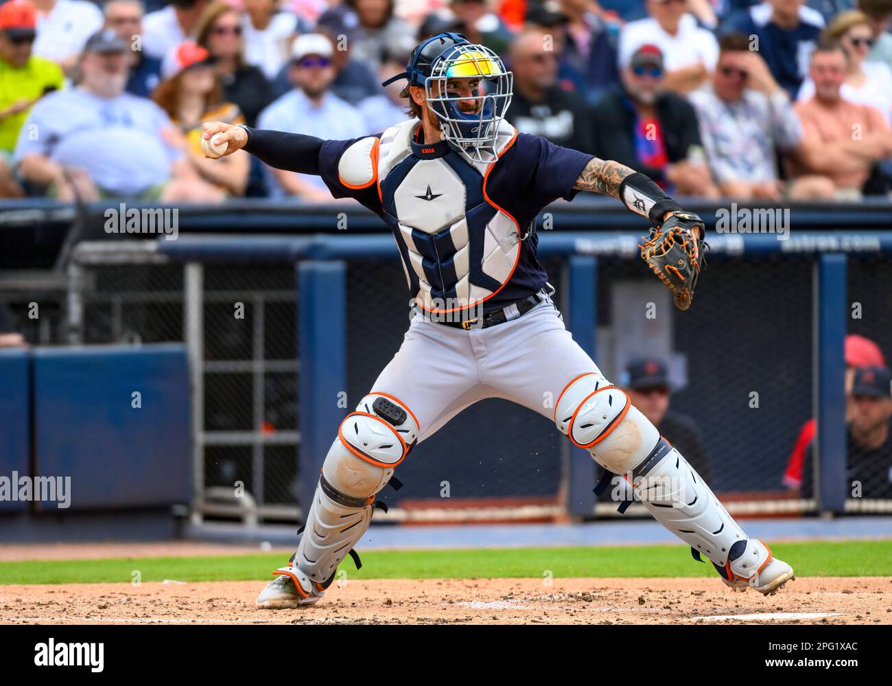 WEST PALM BEACH, FL - MARCH 19: Detroit Tigers catcher Eric Haase (13)  throws the ball during an MLB spring training game between the Detroit  Tigers and the Washington Nationals at The