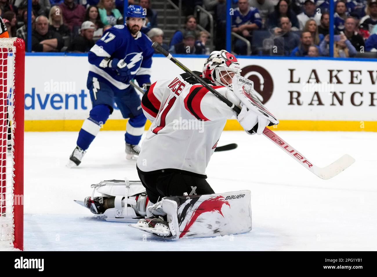 New Jersey Devils goaltender Vitek Vanecek celebrates with John Marino (6)  after defeating the Washington Capitals in an NHL hockey game Saturday,  Nov. 26, 2022, in Newark, N.J. (AP Photo/Adam Hunger Stock