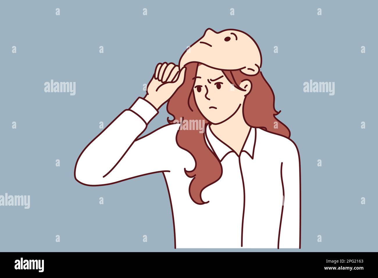 Frowning woman removes mask from face designed to hide identity or show fake emotions. Mask metaphor of lies and hypocrisy for purpose of fraud or obtaining insider information in business  Stock Vector