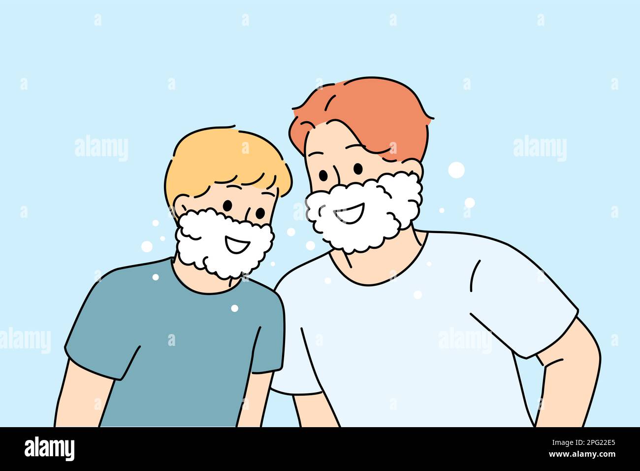 Smiling father and son in foam on face washing in bathroom together