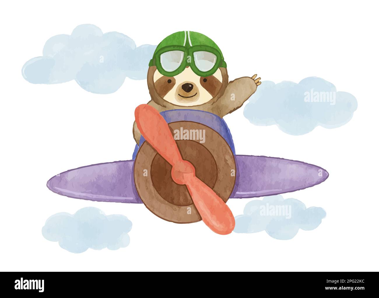 Sloth bear drive airplane on sky . Realistic watercolor paint with paper textured . Cartoon character design . Vector . Stock Vector