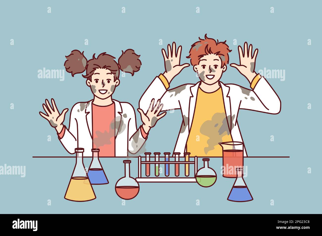 Funny children in laboratory raise hands after unexpected reaction when mixing chemical reagents that caused explosion. Children doing science experimenting in school lab and doing research  Stock Vector