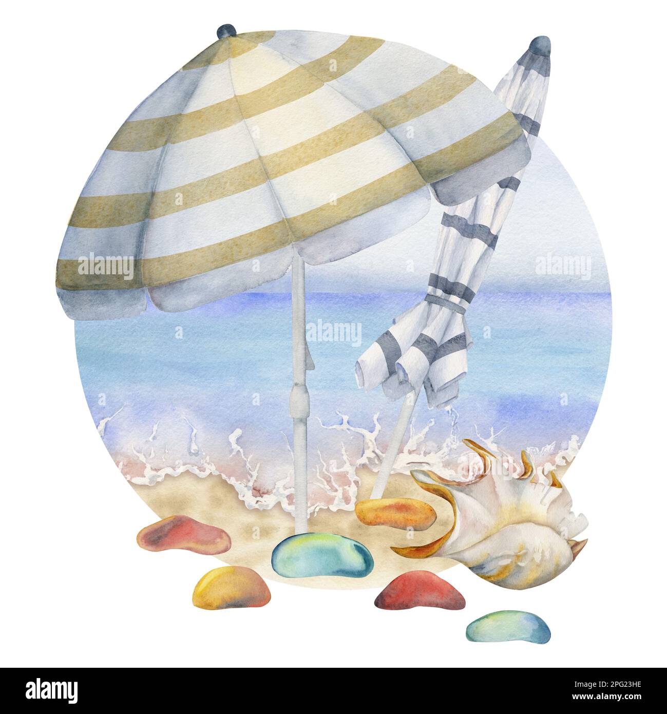 Hand drawn watercolor composition. Seascape with beach umbrellas, wave ...