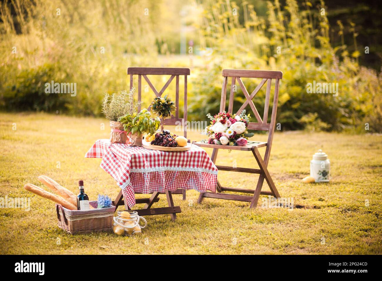 traditional italy picnic with wine and baguette Stock Photo