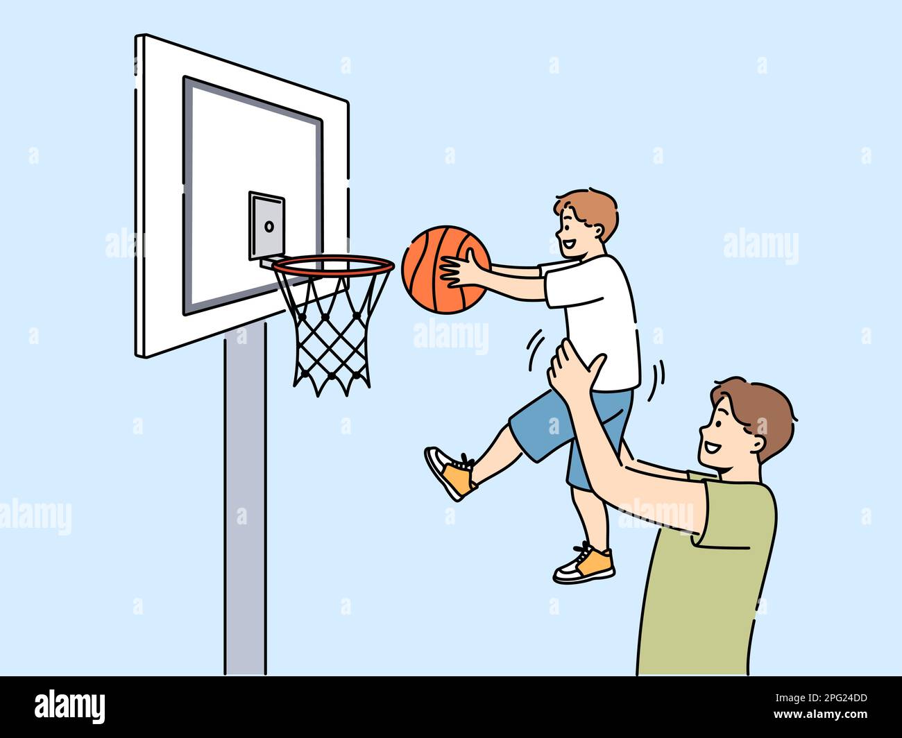 Smiling loving father play basketball with son. Happy dad hold boy child in hands help throw