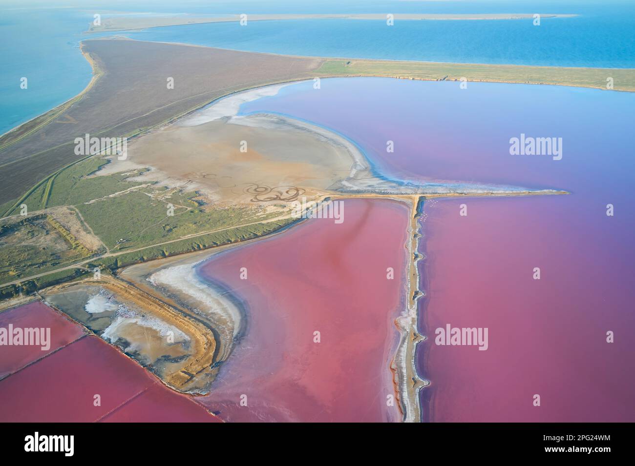 Amazing purple water. Aerial view of Jarilgach island in Ukraine ...