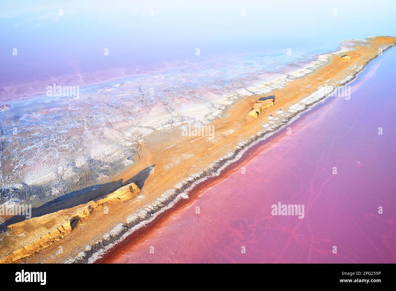 Amazing purple water. Aerial view of Jarilgach island in Ukraine ...