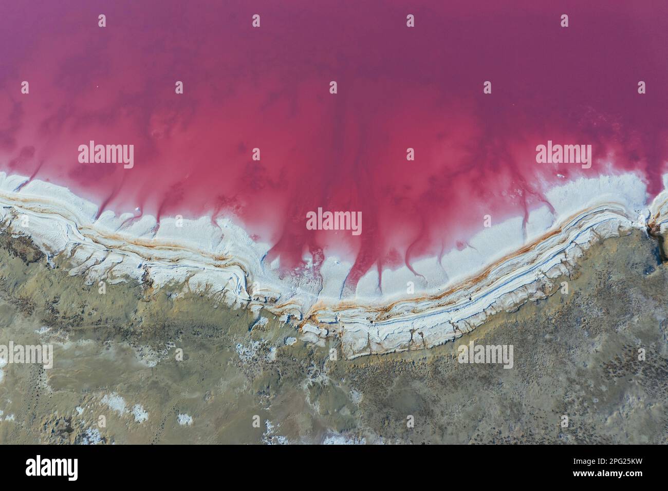 Coast with pink water. Aerial view of majestic landscapes of Jarilgach ...