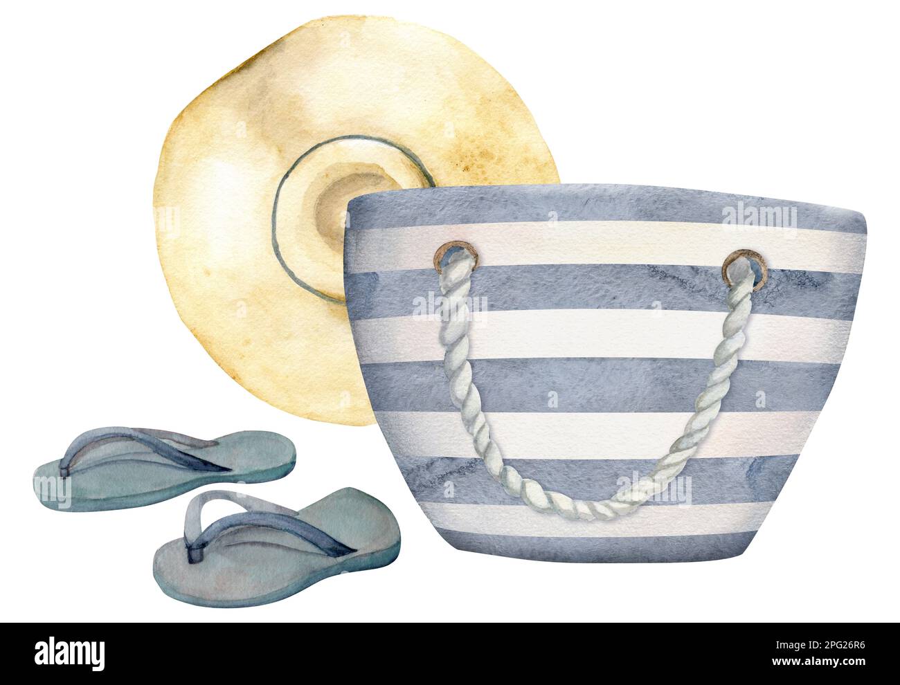 Hand drawn watercolor composition. Striped beach bag, straw sun hat ...