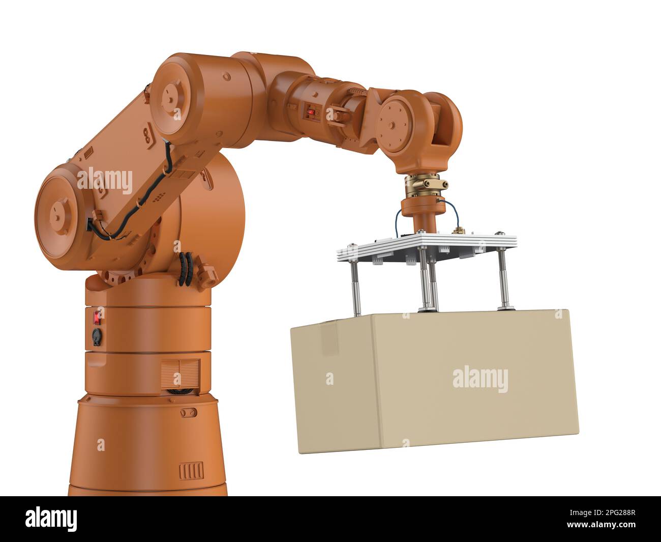 Automation factory or cargo concept with 3d rendering robotic arm carry cardboard box in