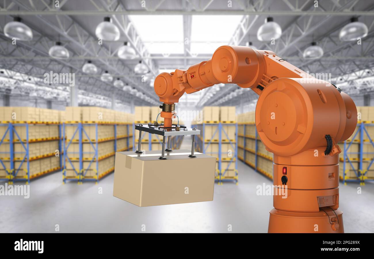 Automation factory or cargo concept with 3d rendering robotic arm carry ...