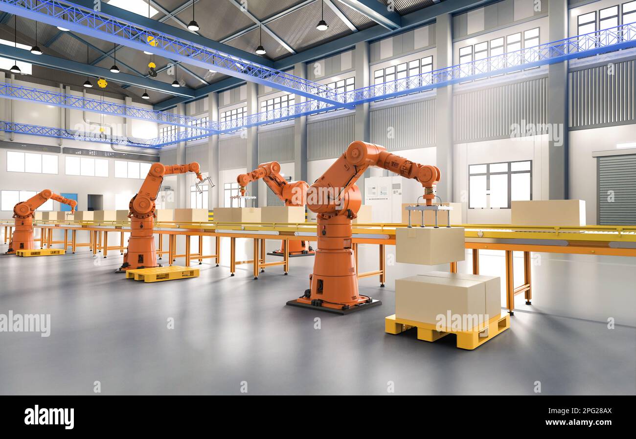 Automation factory or cargo concept with 3d rendering robot arms and ...