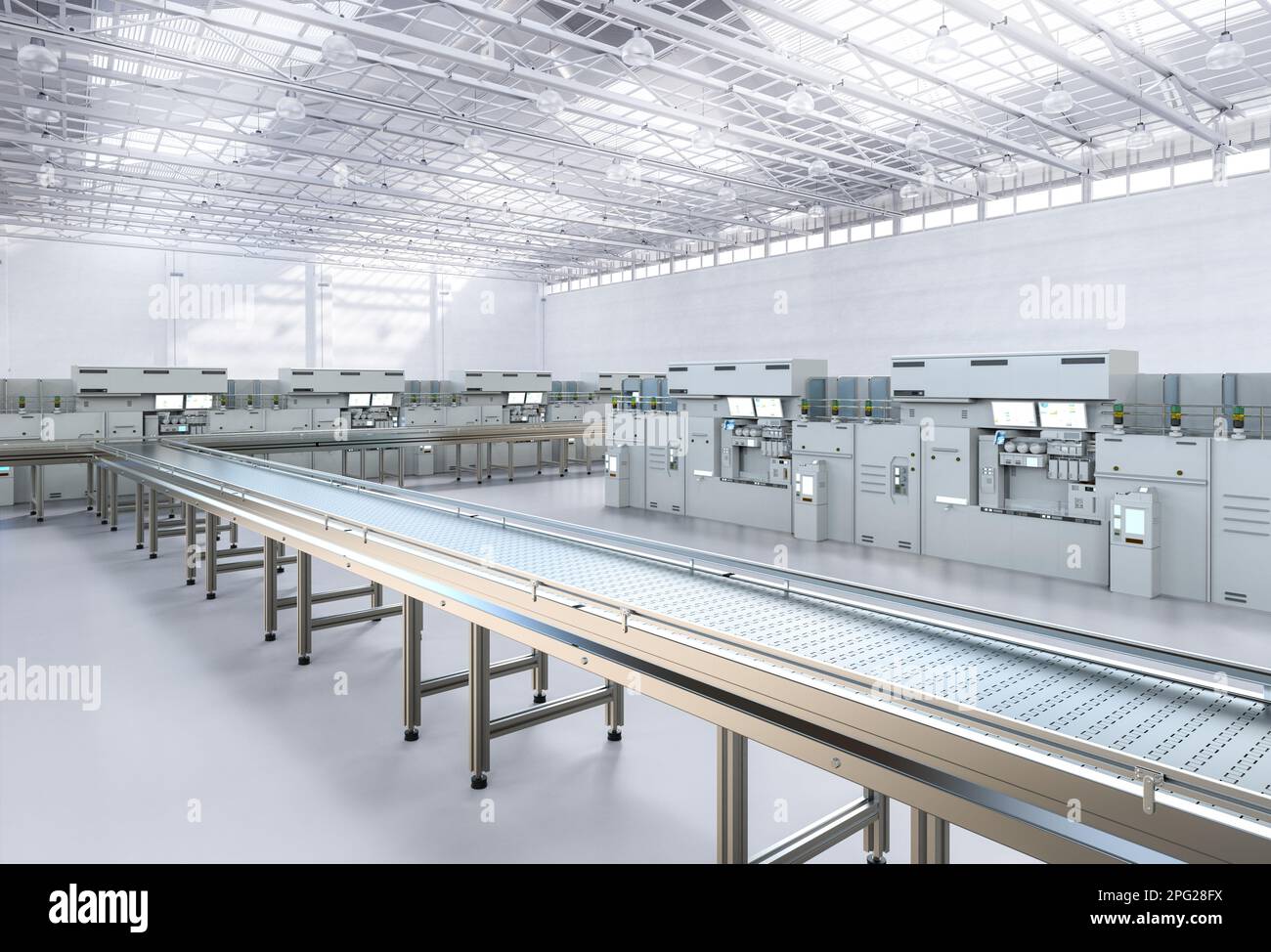 Factory interior with 3d rendering empty conveyor line and electric ...