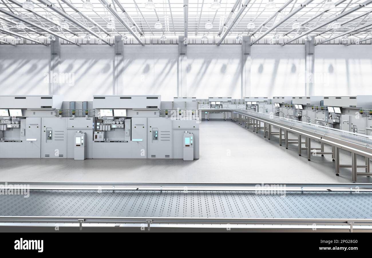 Factory interior with 3d rendering empty conveyor line and electric ...